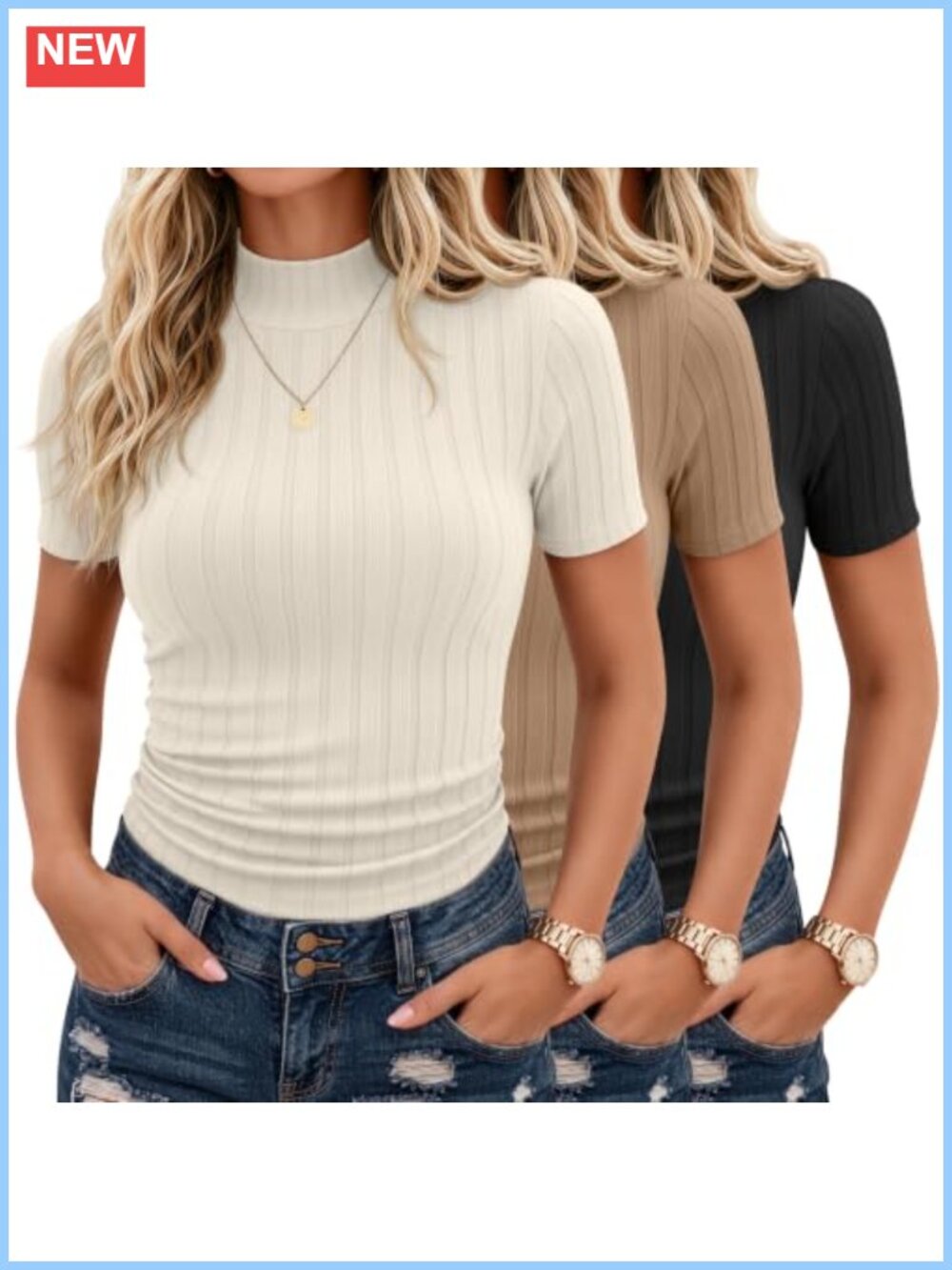 Mock Turtleneck Short Sleeve Ribbed Slim Fit Tops 3 Pack
